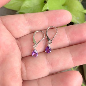 May include: A pair of silver dangle earrings with small purple teardrop-shaped gemstones.