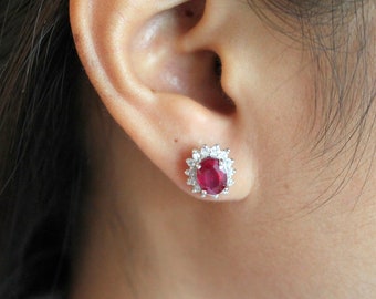 Natural Ruby Gemstone Cluster Earrings, Sterling Silver Lady Diana Inspired Ruby Earrings, Genuine Ruby Earrings,