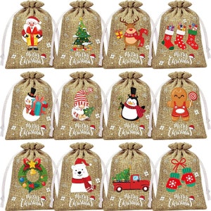 Set of 12 Christmas Burlap Gift Bags with Drawstring 4x5.5 Treat Bags Goody Gift Bags Xmas Candy Bags Reusable Gift Card Stocking Stuffer