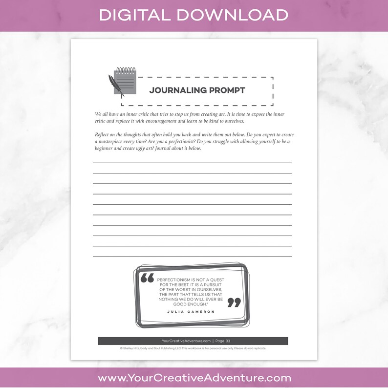 May include: A printable journaling prompt page with a gray background and white text. The prompt encourages reflection on inner criticism and perfectionism. A quote by Julia Cameron about perfectionism is included at the bottom of the page.