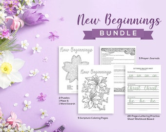 New Beginnings - Lettering Practice Sheets + Christian Coloring Pages + Prayer Journal Printable