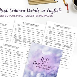 100 Most Common Words in English Lettering Worksheet for Large and Small Pens Modern Calligraphy Practice Sheets