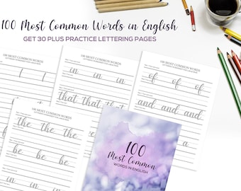 100 Most Common Words in English Lettering Worksheet for Large and Small Pens Modern Calligraphy Practice Sheets