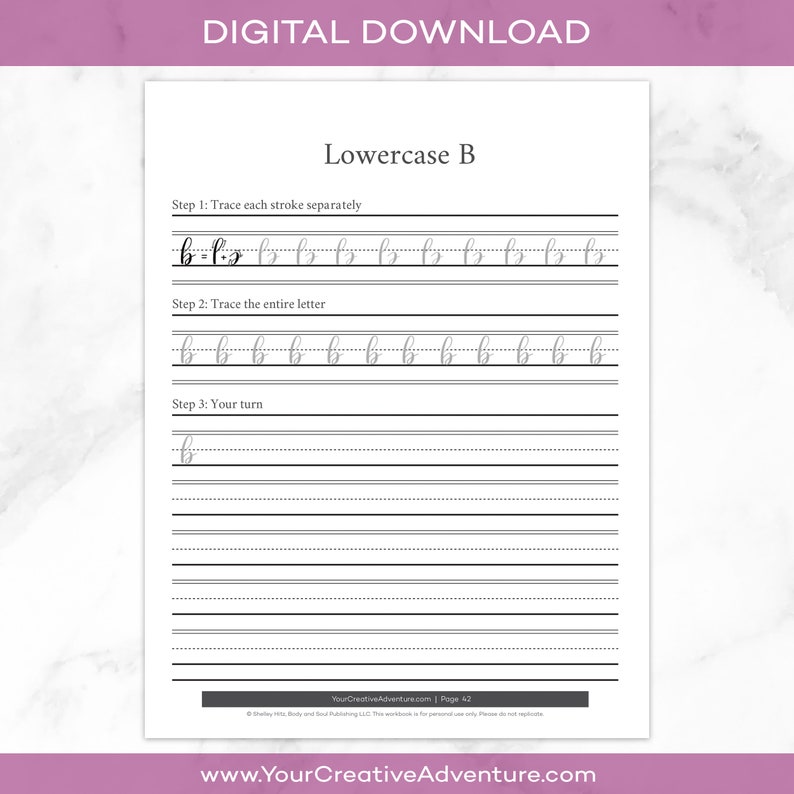May include: A printable worksheet for practicing cursive handwriting. The worksheet features the lowercase letter 'b' and instructions to trace the letter in three steps. The first step is to trace each stroke separately, the second step is to trace the entire letter, and the third step is for the user to practice writing the letter on their own.
