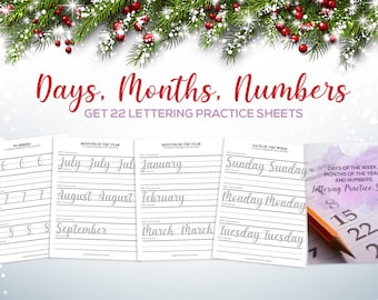 Days of the Week, Month of the Year and Numbers Worksheet for Large and Small Pens Modern Calligraphy Practice Sheets