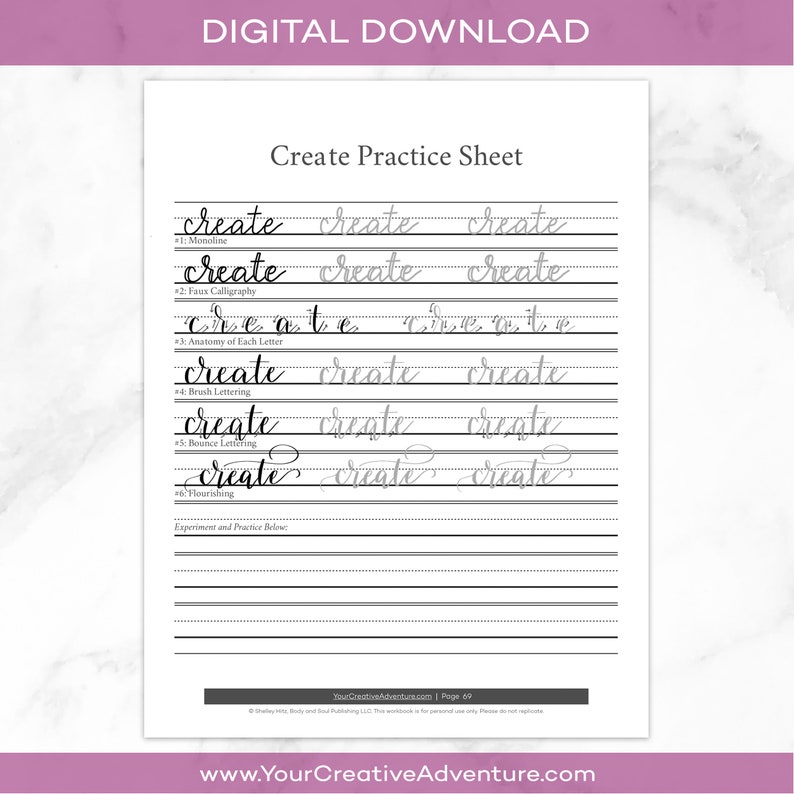 May include: A printable worksheet for practicing calligraphy. The word "create" is written in different styles, including monoline, faux calligraphy, brush lettering, and bounce lettering. The worksheet includes instructions for each style and space for practice.