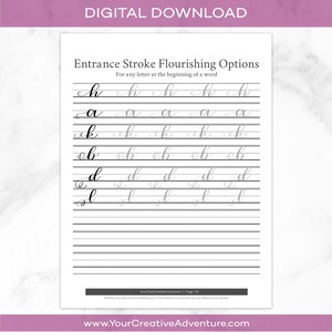May include: A printable worksheet with black lines and gray text that shows different ways to write the entrance stroke for cursive letters. The text says "Entrance Stroke Flourishing Options" and "For any letter at the beginning of a word".