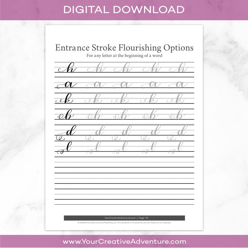 May include: A printable worksheet with black lines and gray text that shows different ways to write the entrance stroke for cursive letters. The text says "Entrance Stroke Flourishing Options" and "For any letter at the beginning of a word".