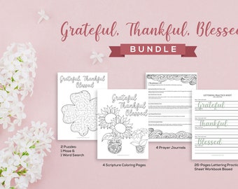 Grateful, Thankful, Blessed - Lettering Practice Sheets + Christian Coloring Pages + Prayer Journal Printable