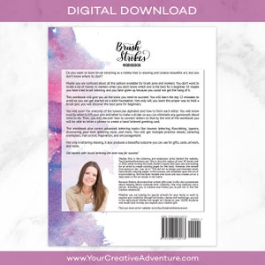 May include: A pink and blue watercolor background with a book cover featuring a woman with brown hair and a white shirt. The book cover has the title "Brush Strokes Workbook" and the text "Do you want to learn brush lettering as a hobby that is relaxing and creates beautiful art, but you don't know where to start?"