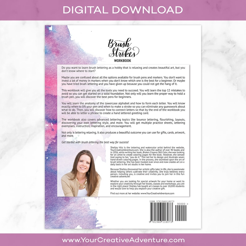 May include: A pink and blue watercolor background with a book cover featuring a woman with brown hair and a white shirt. The book cover has the title "Brush Strokes Workbook" and the text "Do you want to learn brush lettering as a hobby that is relaxing and creates beautiful art, but you don't know where to start?"