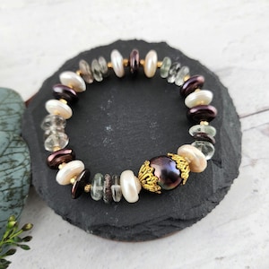 Baroque peacock pearl bracelet • Earthy beaded gemstone stretch bracelet • handmade gemstone jewelry gift  • June birthday gift for her