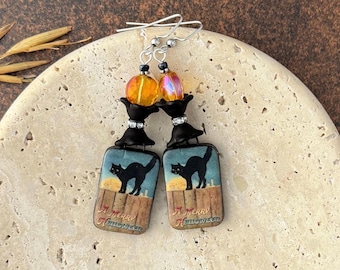 Festive black cat merry Halloween earrings • unique Halloween jewelry gifts for her • witchy cute black cat ceramic dangle earrings