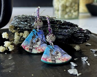 Cute skeleton couple earrings • purple  and blue lightweight polymer clay dangle earrings • Halloween earrings • pastel goth girls fashion