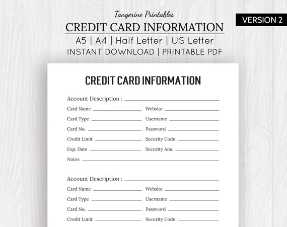 Credit Card Tracker Printable Credit Card Information Etsy