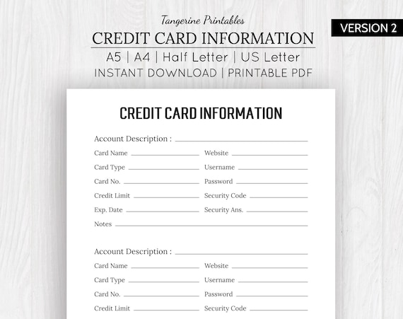 Credit Card Tracker Printable Credit Card Information Etsy