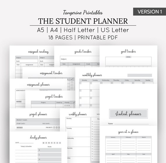 student planner printable study planner study organiser college planner academic planner a5 a4 us letter half letter sizes student trackers