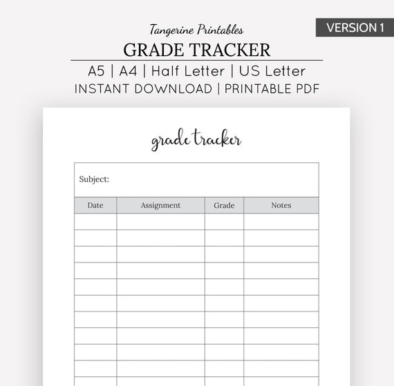 grade tracker college planner printable a5 a4 us letter half letter size planner assignment tracker school planner student planner grade tracker