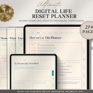 Op de afbeelding: Een digitale levensplanner weergegeven op een tablet- en smartphonescherm, met een crèmekleurige achtergrond en donkere tekst. De interface bevat tabbladen voor guide, vision, asset, goals, rhythm, mindset en review. Een witte stylus is verticaal geplaatst.