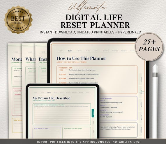 Digital Life Reset Planner, Life Organization Planner, Personal Reset Workbook, Goal Setting and Productivity Planner, Digital Planner PDF