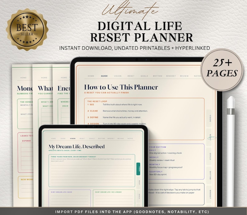 May include: A digital life reset planner displayed on a tablet and smartphone screen, featuring a cream background with dark text. The interface includes tabs for guide, vision, asset, goals, rhythm, mindset, and review. A white stylus is positioned vertically.