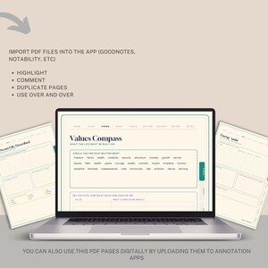 May include: A laptop displaying a digital planner page titled Values Compass with a list of words to circle. Two additional planner pages titled My Dream Life, Described and Energy Audit are visible on either side. Text instructions are included.