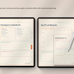May include: Two digital tablets displaying a digital planner with cream-colored pages and colorful borders. The left screen shows Morning & Evening Rituals, the right screen shows Ideal Week Blueprint and a Limiting Beliefs Rewrite page with a stylus.