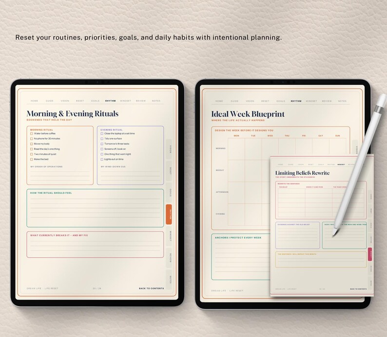 May include: Two digital tablets displaying a digital planner with cream-colored pages and colorful borders. The left screen shows Morning & Evening Rituals, the right screen shows Ideal Week Blueprint and a Limiting Beliefs Rewrite page with a stylus.