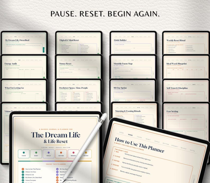 May include: A digital planner titled The Dream Life & Life Reset displayed on multiple tablet screens. The interface features sections like Habit Builder, Money Reset, and Weekly Reset Ritual. A white stylus rests on the screen. Text reads PAUSE. RESET. BEGIN AGAIN.