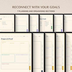 May include: A digital planner displayed on multiple tablet screens, featuring a cream-colored interface with dark text. The layout includes sections titled RECONNECT WITH YOUR GOALS, 7 PLANNING AND ORGANISING SECTIONS, and Progress & Proof.