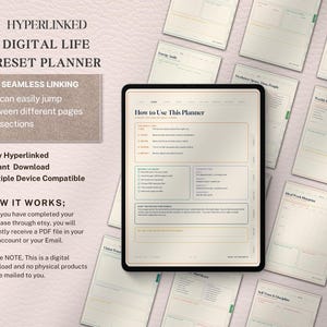 May include: A digital tablet displaying a page titled How to Use This Planner, surrounded by various planner page layouts. The screen features text sections including The Reset Loop, Before You Begin, Your Routine, and How the Navigation Works.