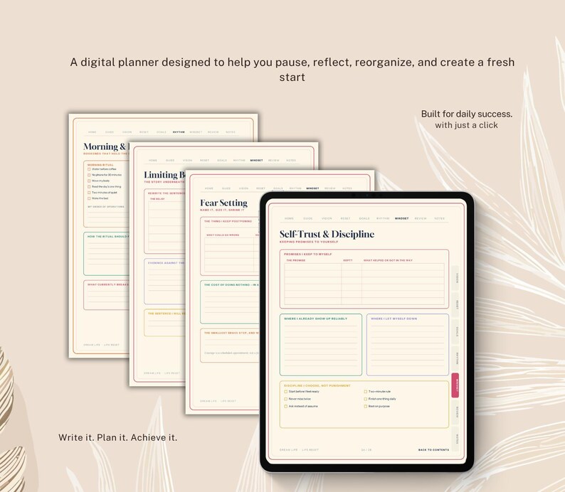 May include: A digital planner displayed on a tablet screen with multiple layered pages visible behind it. The interface features sections titled Morning & Ritual, Limiting Beliefs, Fear Setting, and Self Trust & Discipline with text boxes.