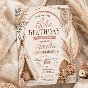 May include: A rectangular birthday invitation card featuring a teepee, pampas grass, and macrame wall hanging. The text reads: Please join us for a Boho Birthday Celebration honoring Amelia is turning 7, Saturday September 28, 2:00 PM to 5:00 PM.