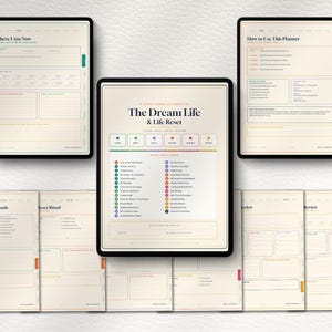 May include: A digital planner titled The Dream Life & Life Reset displayed on a tablet screen, surrounded by several open pages showing various sections like Where I Am Now, How to Use This Planner, Evening Rituals, and Reset Ritual.