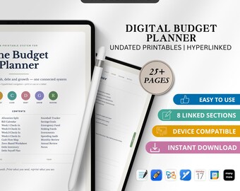 May include: A digital budget planner displayed on a tablet with a stylus, featuring the text THE ULTIMATE DIGITAL BUDGET PLANNER, 25+ PAGES, EASY TO USE, 8 LINKED SECTIONS, DEVICE COMPATIBLE, and INSTANT DOWNLOAD, with various app icons at the bottom.