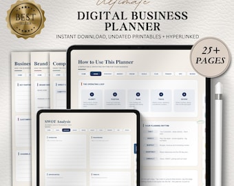 May include: A digital business planner displayed on two tablets with a stylus. The screen shows a SWOT analysis and operating loop guide. Text includes Ultimate Digital Business Planner, 25+ Pages, and instructions for Goodnotes and Notability.