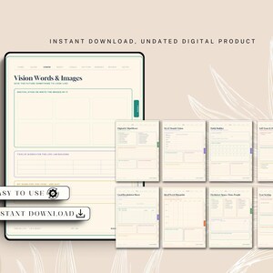 May include: A digital planner template featuring a main page titled Vision Words & Images with sections for sketches and words, alongside seven smaller page previews including Habit Builder and Goal Breakdown Sheet, all in a neutral color palette.
