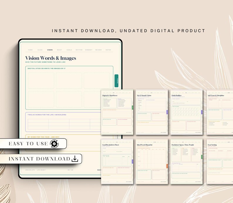 May include: A digital planner template featuring a main page titled Vision Words & Images with sections for sketches and words, alongside seven smaller page previews including Habit Builder and Goal Breakdown Sheet, all in a neutral color palette.
