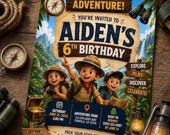 Camping Adventure Birthday Invitation, Outdoor Party Template (Editable Canva)