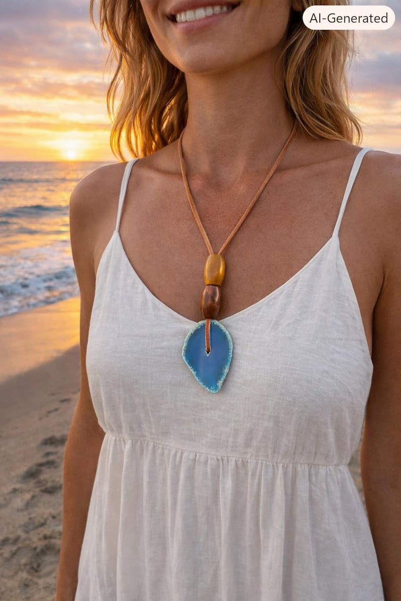 Handmade Large Deep Blue Polished Agate Necklace