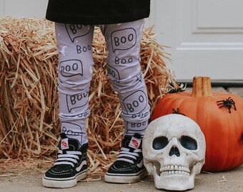 Halloween Boo pants, handmade kids pants, comfy stretchy pants, halloween outfit, monochrome halloween pants for boys and girls