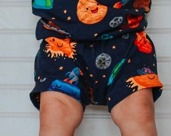planet shorts - baby shorts  - toddler shorts - harem shorts - shorties - organic baby clothes - baby girl - baby boy- baby gift -