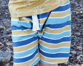 Blue, yellow and green Striped French Terry Kids Shorts, Raw Edge Cotton Lycra