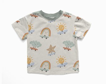 Kids Cotton T-Shirt, Skateboard Sun Rainbow Cloud Print, Boxy Fit Tee