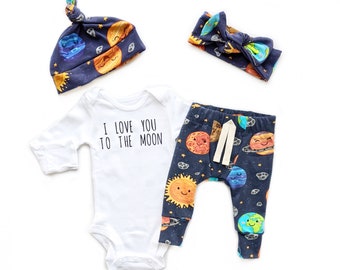 Science Coming home outfit - Take home outfit - Newborn baby gift - baby shower gift - Space, planets, headband, pants, bodysuit, hospital