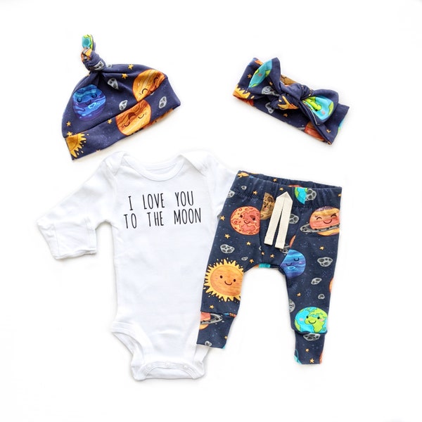Science Coming home outfit - Take home outfit - Newborn baby gift - baby shower gift - Space, planets, headband, pants, bodysuit, hospital