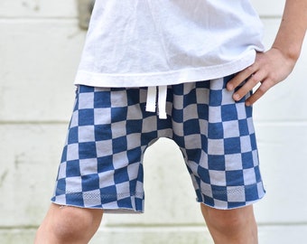 French terry Blue check Beach shorts - toddler boys girls shorts - faux drawstring shorts - shorts