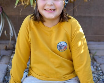 Mustard pullover for kids - Mustard sweatshirt- Camp collection - Camp kids patch - Camping shirt for kids