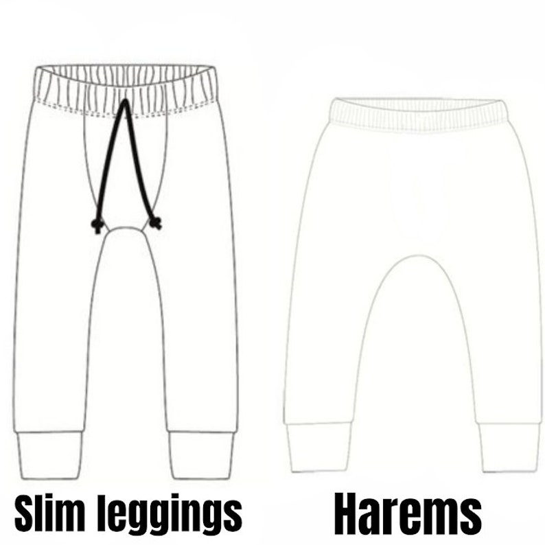 May include: Line drawing illustration of two styles of trousers. The left side shows a pair of slim leggings with a drawstring waist. The right side shows a pair of harem trousers. The text "Slim leggings" is below the left image and "Harems" is below the right image.
