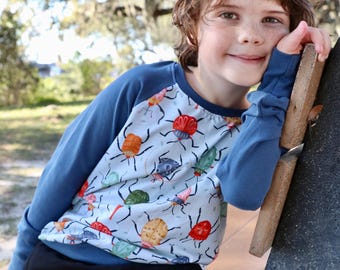 Bug shirt for kids, Long sleeve insect crewneck raglan , handmade cotton shirt, birthday gift bug lover toddler, little entomologist